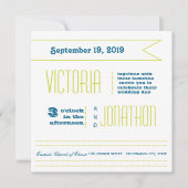 ティール(緑がかった色)及びライムモダンタイポグラフィ結婚ズ 招待状 (正面)