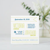 ティール(緑がかった色)及びライムモダンタイポグラフィ結婚ズ 招待状 (スタンド正面)