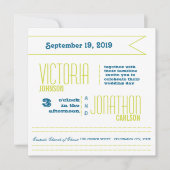 ティール(緑がかった色)及びライムモダンタイポグラフィ結婚ズ 招待状 (正面)