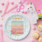 ティール（緑がかった色）及び珊瑚のお誕生日ケーキのパーティーの紙皿 ペーパープレート (パーティー)