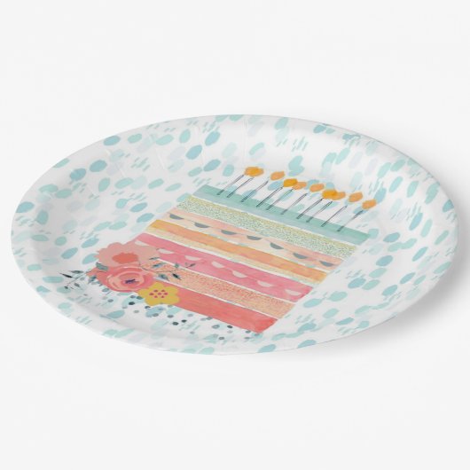 ティール（緑がかった色）及び珊瑚のお誕生日ケーキのパーティーの紙皿 ペーパープレート (アングル)