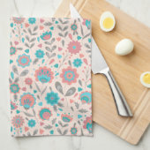 ティール(緑がかった色)及び珊瑚の民芸の花柄パターン キッチンタオル (四つ折り)