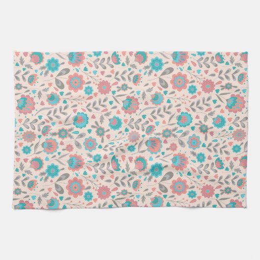 ティール(緑がかった色)及び珊瑚の民芸の花柄パターン キッチンタオル (横)
