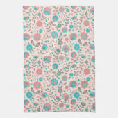 ティール(緑がかった色)及び珊瑚の民芸の花柄パターン キッチンタオル (縦)