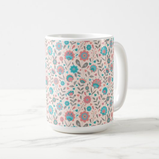 ティール(緑がかった色)及び珊瑚の民芸の花柄パターン コーヒーマグカップ (正面右)