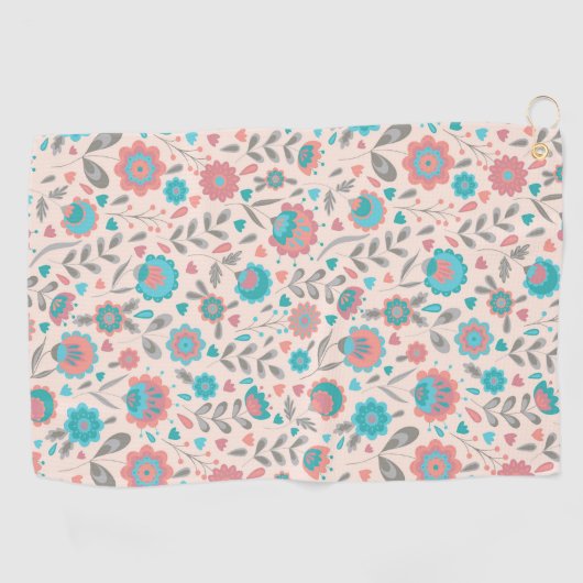 ティール（緑がかった色）及び珊瑚の民芸の花柄パターン ゴルフタオル (横)