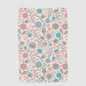 ティール（緑がかった色）及び珊瑚の民芸の花柄パターン ゴルフタオル (正面)