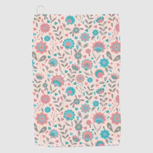 ティール（緑がかった色）及び珊瑚の民芸の花柄パターン ゴルフタオル (正面)