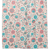 ティール（緑がかった色）及び珊瑚の民芸の花柄パターン シャワーカーテン (正面)