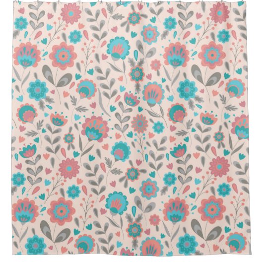 ティール（緑がかった色）及び珊瑚の民芸の花柄パターン シャワーカーテン (正面)