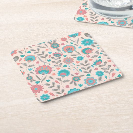 ティール（緑がかった色）及び珊瑚の民芸の花柄パターン スクエアペーパーコースター (アングル)