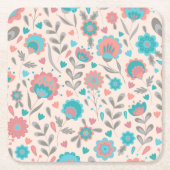 ティール（緑がかった色）及び珊瑚の民芸の花柄パターン スクエアペーパーコースター (正面)