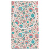 ティール（緑がかった色）及び珊瑚の民芸の花柄パターン スモールペーパーバッグ (裏面)