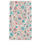 ティール（緑がかった色）及び珊瑚の民芸の花柄パターン スモールペーパーバッグ (正面)