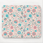 ティール(緑がかった色)及び珊瑚の民芸の花柄パターン マウスパッド (正面)