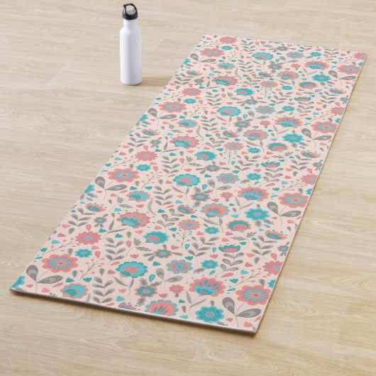 ティール（緑がかった色）及び珊瑚の民芸の花柄パターン ヨガマット (インサイチュ)