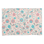 ティール(緑がかった色)及び珊瑚の民芸の花柄パターン 枕カバー (正面右)