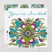 ティール（緑がかった色）及び紫色のペイズリーのHennaのシャワーの招待状 招待状 (正面/裏面)