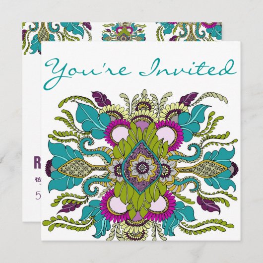 ティール（緑がかった色）及び紫色のペイズリーのHennaのシャワーの招待状 招待状 (正面/裏面)