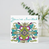 ティール（緑がかった色）及び紫色のペイズリーのHennaのシャワーの招待状 招待状 (スタンド正面)