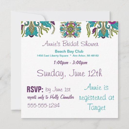 ティール（緑がかった色）及び紫色のペイズリーのHennaのシャワーの招待状 招待状 (裏面)