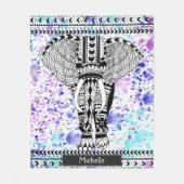 ティール（緑がかった色）及び紫色の水彩画の種族のパターン（の模様が）あるな象 フリースブランケット (正面)