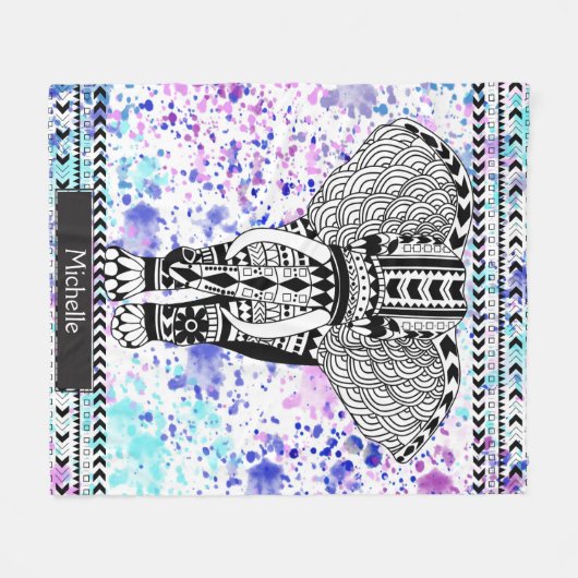 ティール（緑がかった色）及び紫色の水彩画の種族のパターン（の模様が）あるな象 フリースブランケット (正面(横))