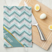 ティール（緑がかった色）及び結晶ジグザグパターン キッチンタオル (四つ折り)