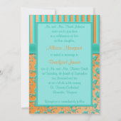 ティール(緑がかった色)及び蜜柑の花柄のストライプのモノグラムの招待状 招待状 (裏面)