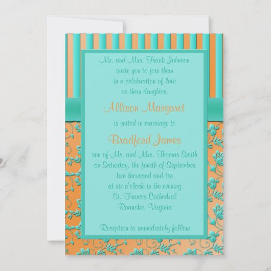 ティール(緑がかった色)及び蜜柑の花柄のストライプのモノグラムの招待状 招待状 (裏面)
