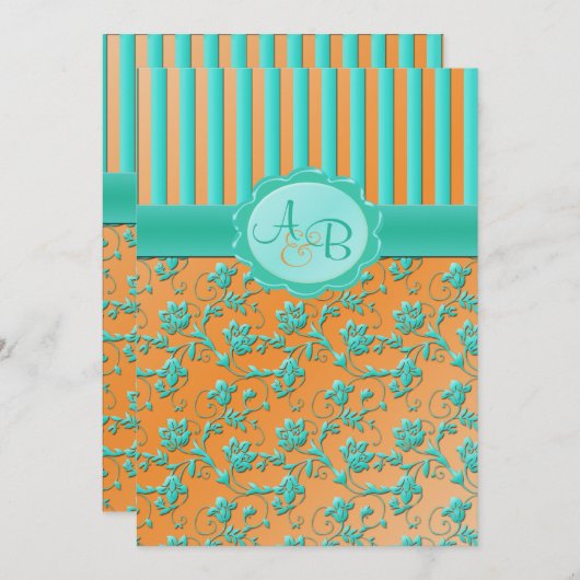 ティール(緑がかった色)及び蜜柑の花柄のストライプのモノグラムの招待状 招待状 (正面/裏面)