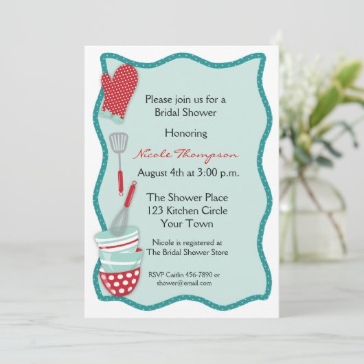ティール(緑がかった色)及び赤い台所ブライダルシャワーの招待状 招待状 (スタンド正面)