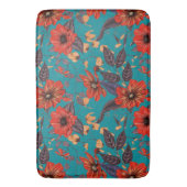 ティール（緑がかった色）及び赤色花柄 バスマット (正面縦)