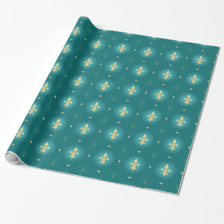 ティール(緑がかった色)及び金ゴールドの(紋章の)フラ・ダ・リの緑 ラッピングペーパー