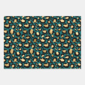 ティール（緑がかった色）及び金ゴールドアフリカアニマルプリント ラッピングペーパーシート (正面3)