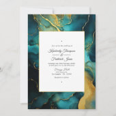 ティール(緑がかった色)及び金ゴールドアルコールイ結婚ンク 招待状 (正面)