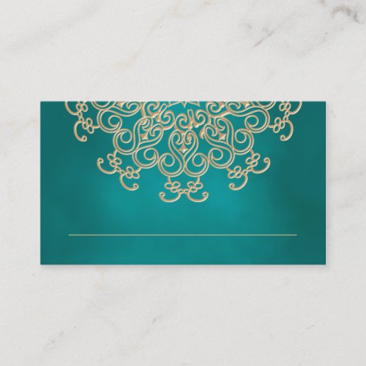 ティール(緑がかった色)及び金ゴールドインディアンインスパイア着座座席表 プレイスカード (正面)