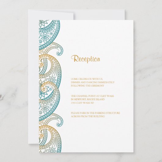 ティール（緑がかった色）及び金ゴールドインディアンペイズリー結婚披露宴 招待状 (正面)