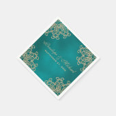 ティール(緑がかった色)及び金ゴールドインディアン結婚スタイル スタンダードカクテルナプキン (角)