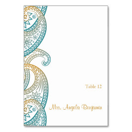 ティール（緑がかった色）及び金ゴールドインディアン結婚ペイズリー座席表 テーブルナンバー