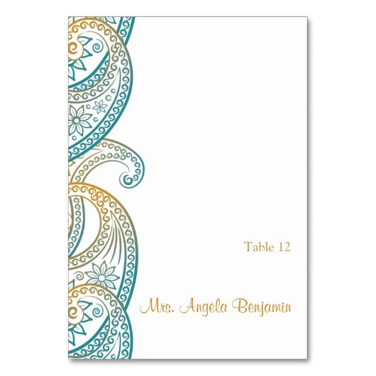 ティール（緑がかった色）及び金ゴールドインディアン結婚ペイズリー座席表 テーブルナンバー (正面)