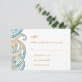 ティール（緑がかった色）及び金ゴールドインディアン結婚ペイズリー 出欠カード (スタンド正面)