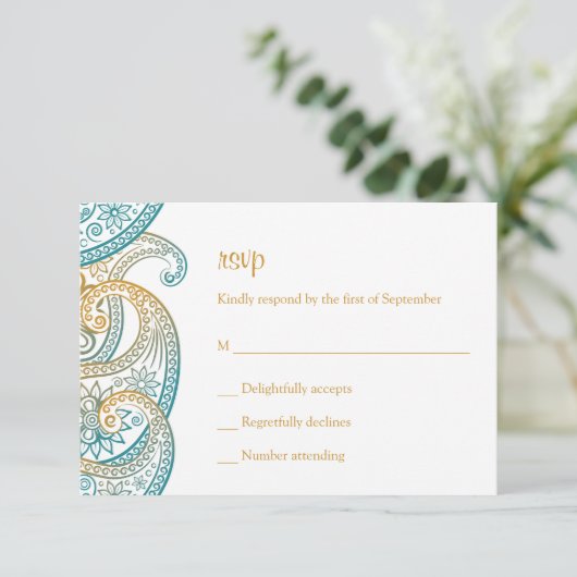 ティール(緑がかった色)及び金ゴールドインディアン結婚ペイズリー 出欠カード (スタンド正面)
