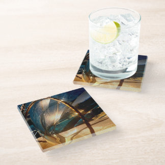 ティール（緑がかった色）及び金ゴールドガラスコースター ガラスコースター