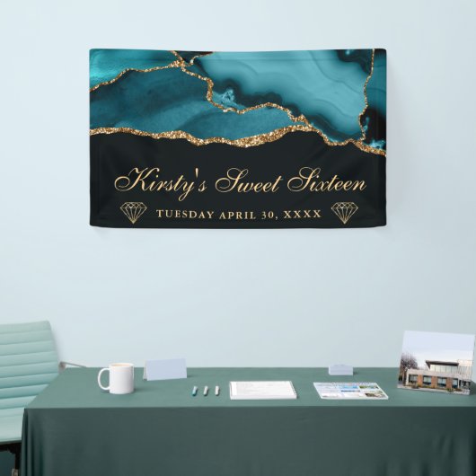 ティール(緑がかった色)及び金ゴールドグリッターアゲートSweet sixteen 横断幕 (トレードショー)