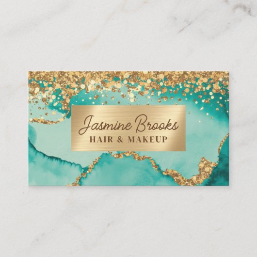 ティール(緑がかった色)及び金ゴールドグリッターグラム 名刺 (正面)