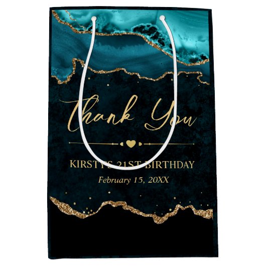 ティール（緑がかった色）及び金ゴールドフェイクグリッターアゲート誕生日 ミディアムペーパーバッグ (正面)