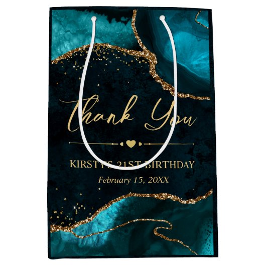 ティール（緑がかった色）及び金ゴールドフェイクグリッターアゲート誕生日 ミディアムペーパーバッグ (正面)