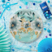 ティール（緑がかった色）及び金ゴールドフローラエレガント紙プレート ペーパープレート (パーティー)