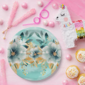 ティール（緑がかった色）及び金ゴールドフローラエレガント紙プレート ペーパープレート (パーティー)